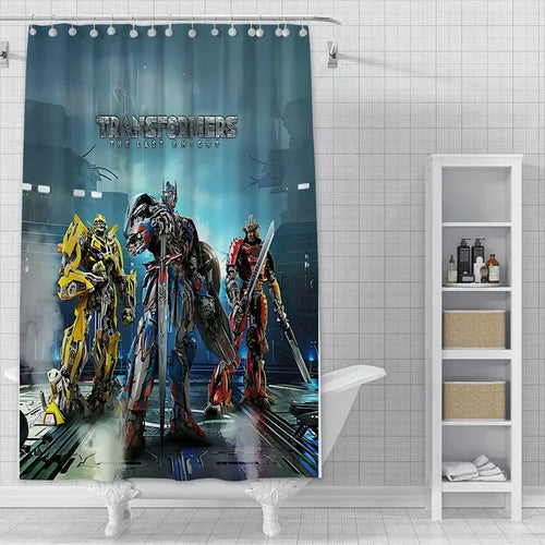 Rideau de douche avec Optimus Prime, Bumblebee et un robot rouge sur fond bleu futuriste – Transformers.