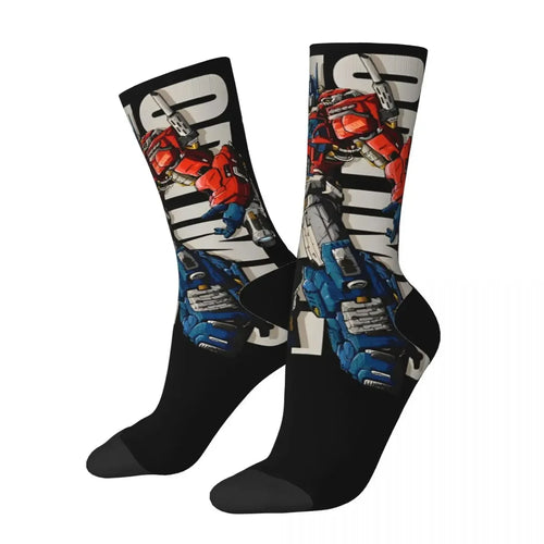 Chaussettes noires motif Optimus Prime en posture dynamique sur fond de texte blanc – Transformers.