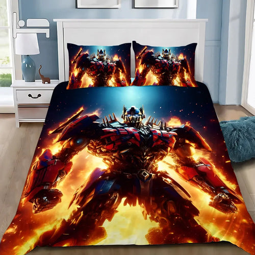 Parure de lit Transformers avec Optimus Prime en armure rouge et bleue sur fond de flammes – Transformers.