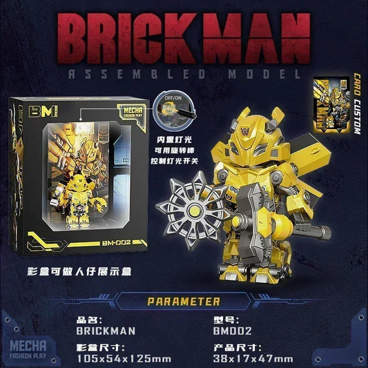Modèle assemblé robot jaune style mecha, figurine avec masse et engrenage sur fond bleu – Transformers.