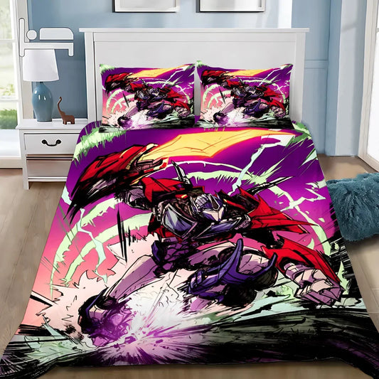 Housse de couette Transformers avec un robot rouge en posture dynamique, fond violet éclatant – Transformers.