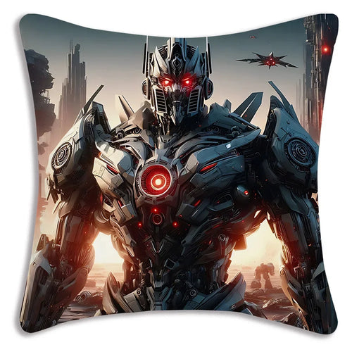 Coussin décoratif avec robot Transformers sombre, yeux rouges lumineux, décor futuriste et tons métalliques – Transformers.
