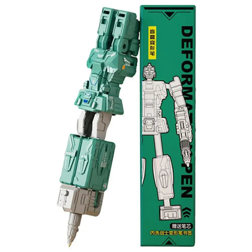 Stylo robot transformable vert et blanc, posé à côté de sa boîte illustrée – Transformers.