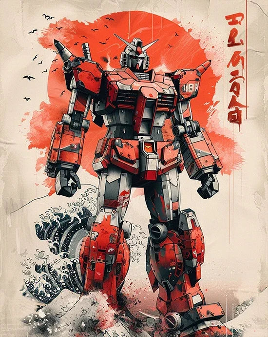 Robot rouge style manga debout devant un soleil rouge, vagues japonaises, et oiseaux – Transformers.