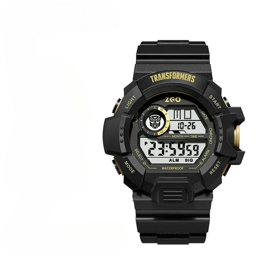 Montre digitale noire avec logo Autobots, affichage numérique, boutons dorés – Transformers.