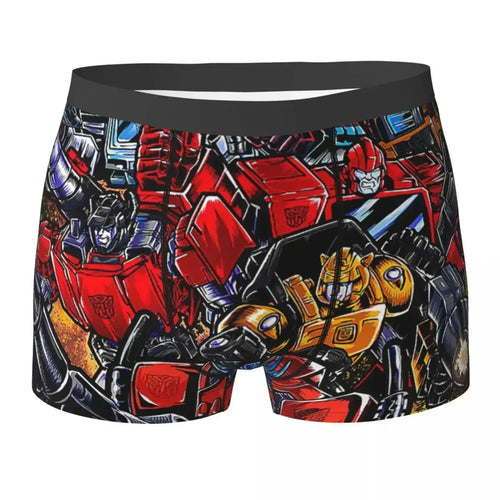 Boxer coloré Transformers avec Autobots en action sur fond noir et rouge – Transformers.