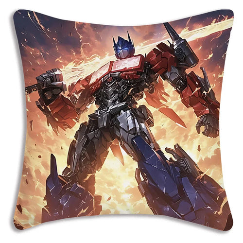 Coussin décoratif avec robot Optimus Prime en pose dynamique sur fond explosif rouge et jaune – Transformers.