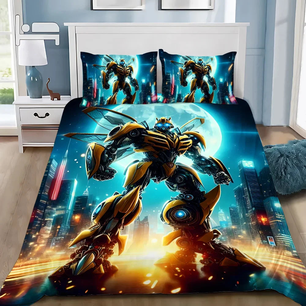Parure de lit avec robot jaune Bumblebee debout, ville futuriste lumineuse en arrière-plan – Transformers.