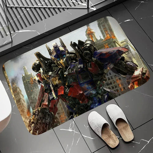 Tapis de bain avec robot Optimus Prime en action, décor urbain en ruines, couleurs vives – Transformers.