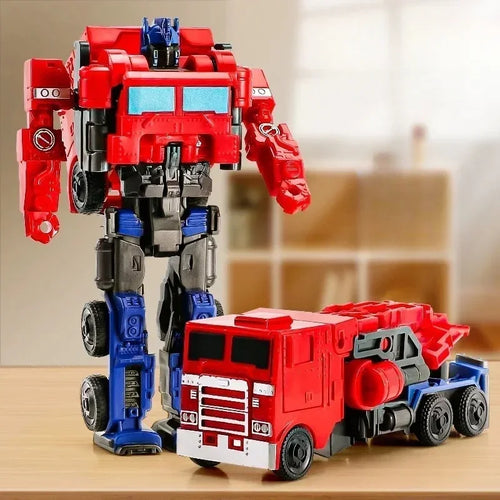 Figurine robot rouge et bleu transformable en camion, posée sur une table – Transformers.