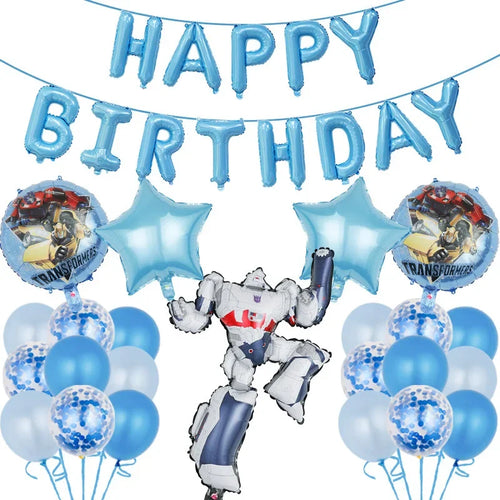 Décoration anniversaire Transformers avec ballons Megatron, étoiles et guirlande bleues – Transformers.