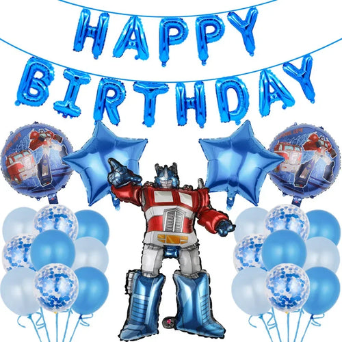 Décoration anniversaire avec ballons bleu et Optimus Prime, décor festif – Transformers.