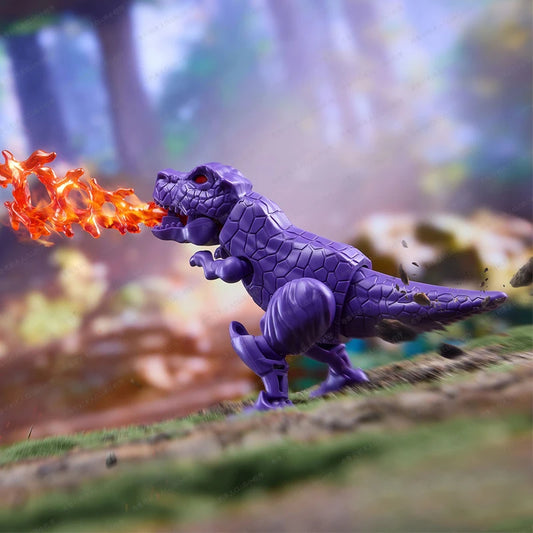 Transformers-Figur Megatron als Dinosaurier, echtes Foto – Flammenatem im Freien