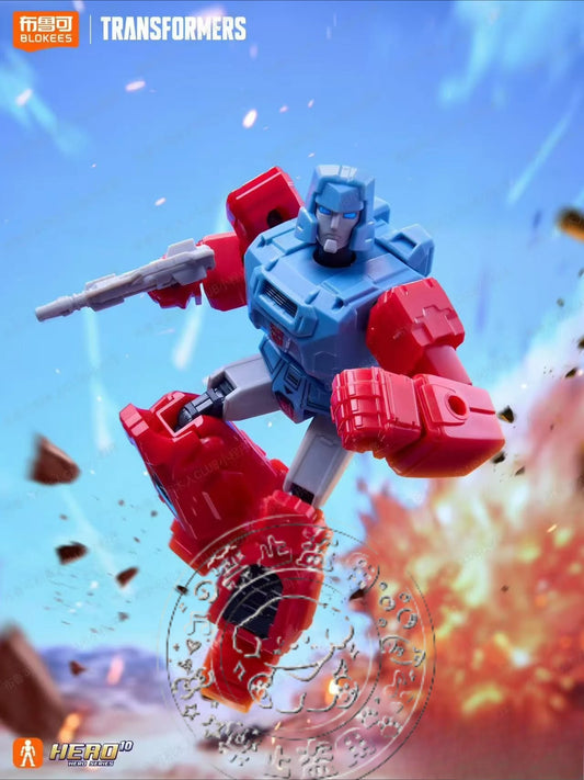 Transformers-Figur eines blau-roten Roboters in Kampfposition – Modulare Montage von Blokees