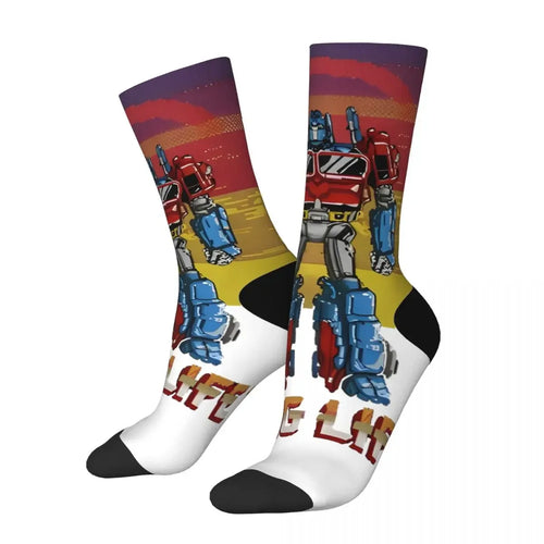 Chaussettes imprimées Optimus Prime rouge et bleu sur fond coucher de soleil stylisé – Transformers.