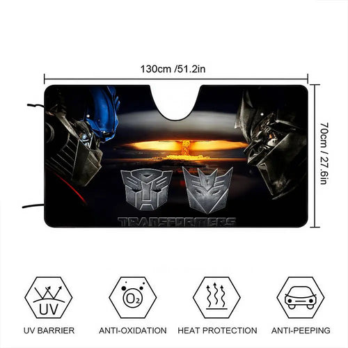 Transformers Sonnenblende mit Optimus Prime und Bumblebee – Sonnenschutz fürs Auto mit Sonnenuntergangsmotiv