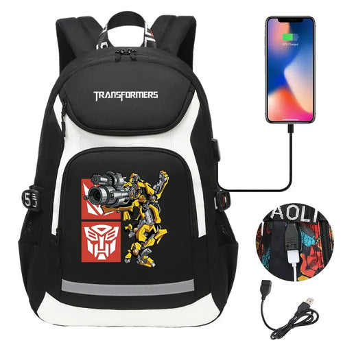 Sac à dos noir et blanc, motif Bumblebee armé, port USB, logo Autobot – Transformers.