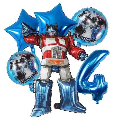 Bouquet de ballons Transformers bleu, Optimus Prime, chiffre 4, étoiles et robots – Transformers.
