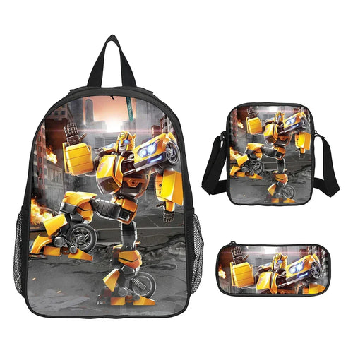 Ensemble sac à dos, sac et trousse avec robot jaune Bumblebee debout en ville en feu – Transformers.