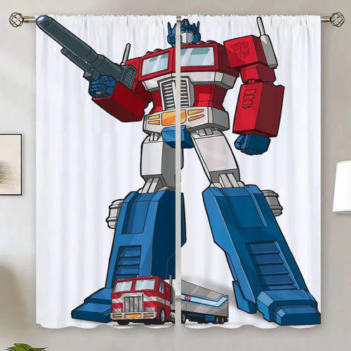 Rideau décoratif avec Optimus Prime debout, fusil levé, camion rouge et remorque, fond blanc – Transformers.