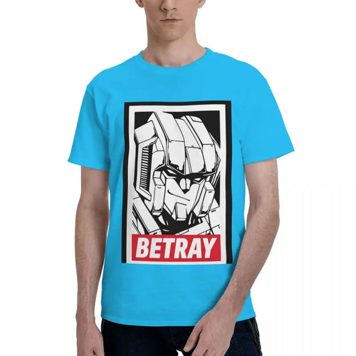 T-shirt bleu avec illustration de robot style Transformers et texte BETRAY en rouge – Transformers.