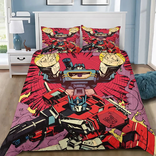 Parure de lit Transformers, imprimé robot rouge et noir, décor de bandes dessinées, fond rose – Transformers.