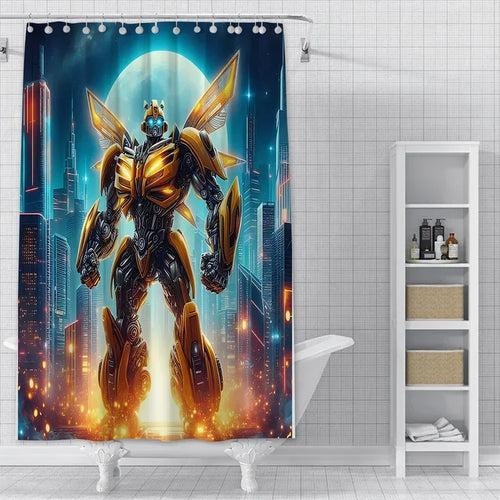 Rideau de douche avec robot jaune debout, style futuriste, ville lumineuse en arrière-plan – Transformers.