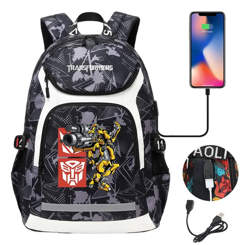 Sac à dos noir Transformers avec Bumblebee illustré, port USB, motifs graphiques et logo rouge – Transformers.