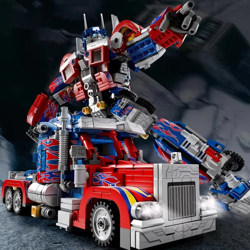 Maquette robot Optimus Prime transformable en camion rouge et bleu, posture dynamique – Transformers.