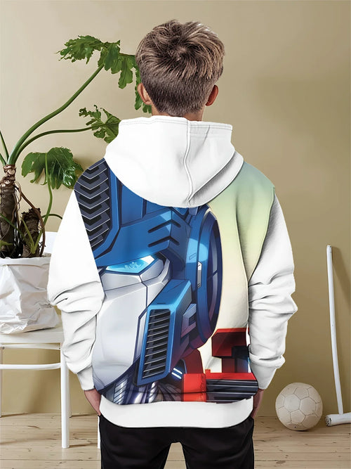 Sweat à capuche blanc garçon, motif Optimus Prime coloré, décor intérieur, ballon au sol – Transformers.