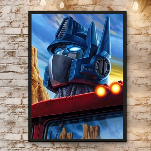 Affiche Optimus Prime en robot bleu et rouge, style illustration, fond désert et ciel – Transformers.
